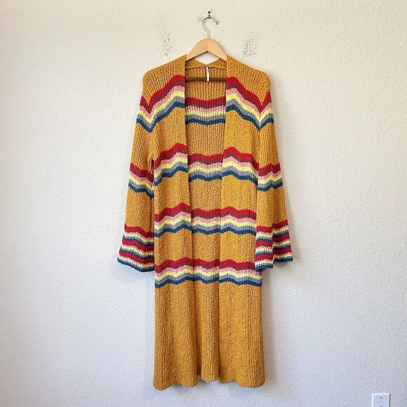 FREE PEOPLE Winding Road Cardigan Duster Mustard Yellow Striped Knit - Picture 1 of 15